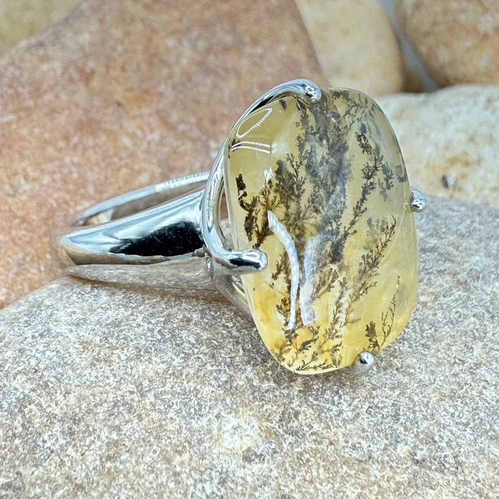 Sterling Silver Moss Agate Ring Size 8 Dendritic Gemstone Nature Inspired 4.3 gr - Picture 5 of 16